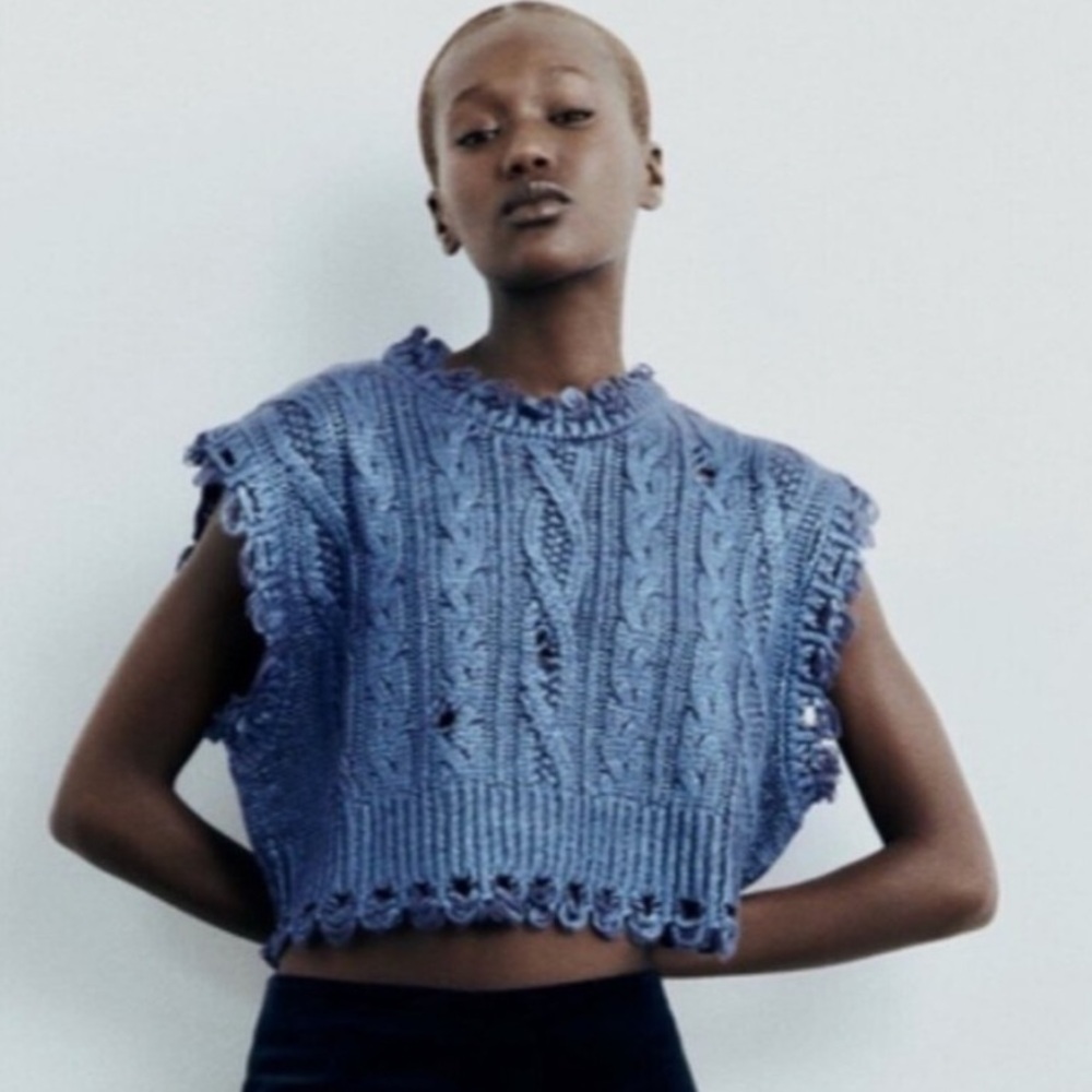 Zara metallic blue cable Knit sleeveless cropped sweater vest top